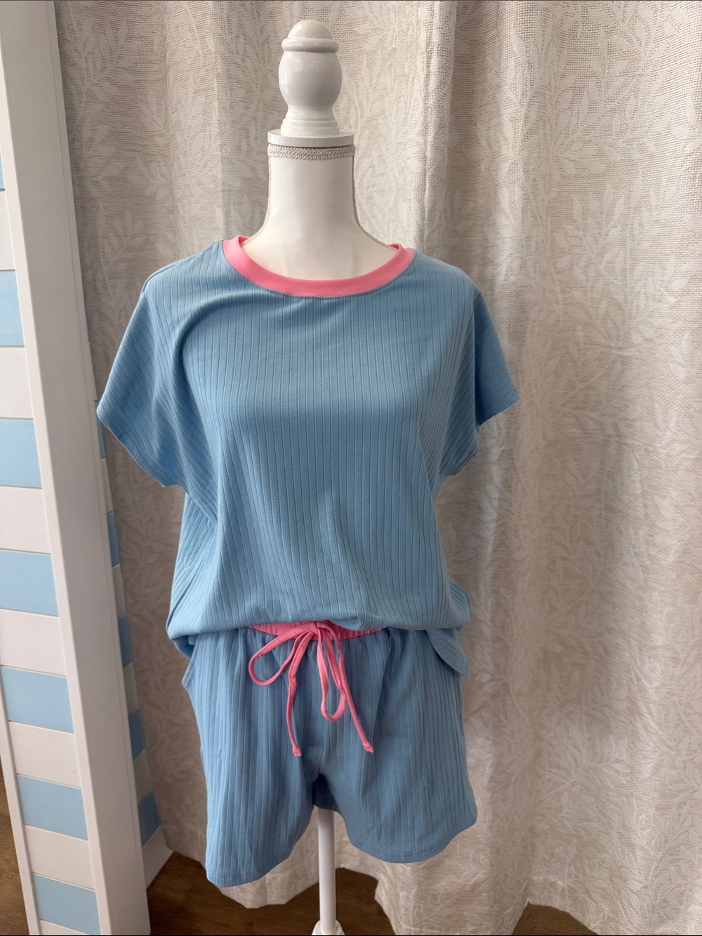 Women’s Ribbed Short Sleeve Sleep Set - Blue with Pink Trim